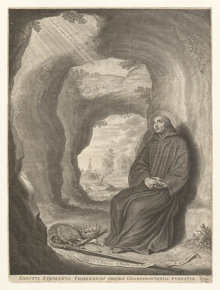 Old engraving of a hooded monk sitting with folded hands at the mouth of a cave, a ray of light falling on him and a distant landscape beyond