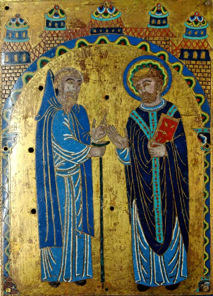 Gilded enamel plaque of two standing bearded men in blue robes under an arch of towers, one with a staff, the other haloed and holding a red book, raising their hands as they speak