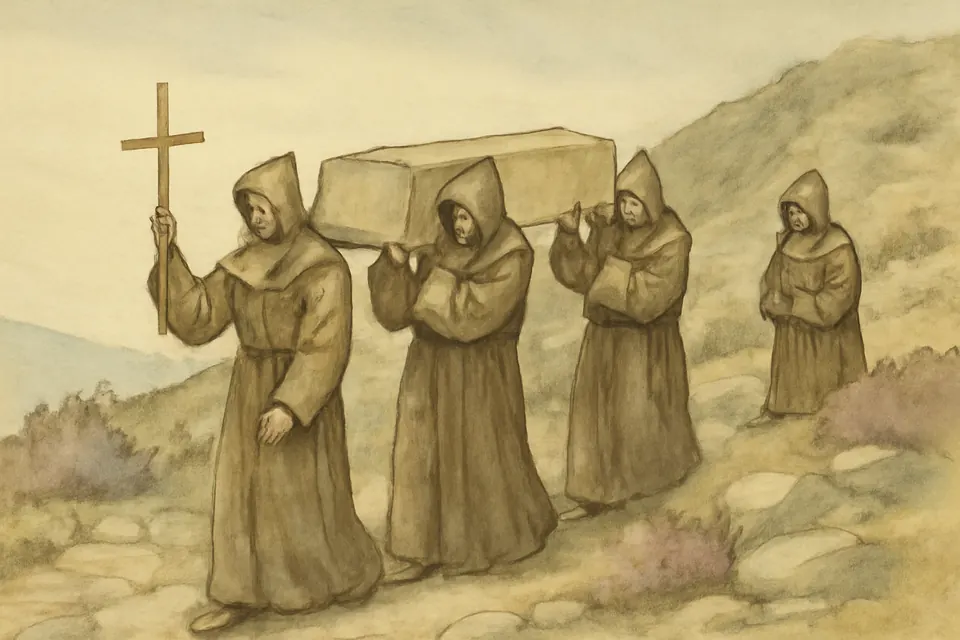 Watercolor-style scene of hooded monks carrying a wrapped coffin up a stony hillside toward a bare, rocky height