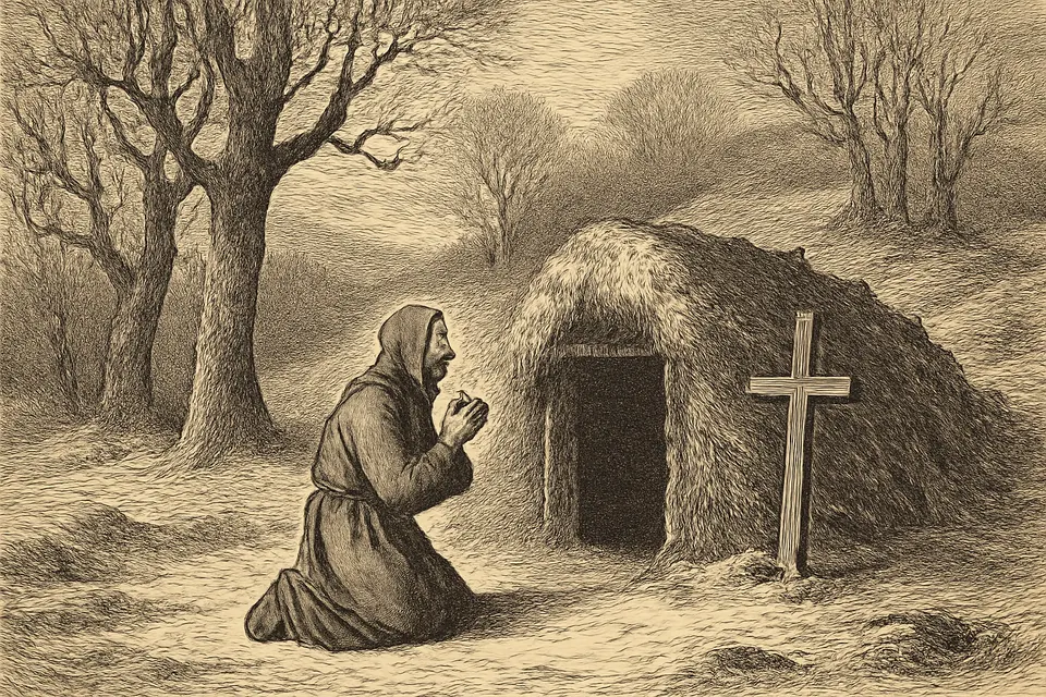 Engraving-style scene of a hermit kneeling in prayer at the door of a rough hut of branches in a wintry forest