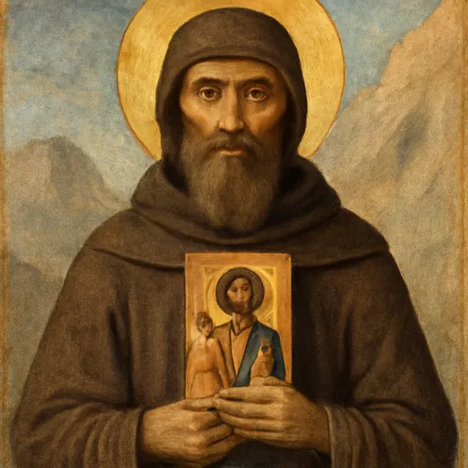 Fresco-style portrait of St. Stephen the Younger, a Byzantine monk with a dark beard in a brown habit, holding a small icon of Christ