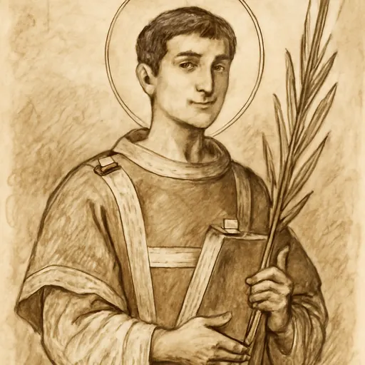 Oil-painting-style portrait of St. Stephen as a young beardless deacon in a red dalmatic, holding a palm branch and a Gospel book, with small stones resting on his shoulder
