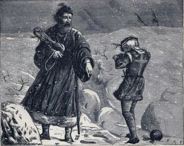 Black-and-white wood engraving of a bearded king in a fur cloak and a page boy walking through deep snow