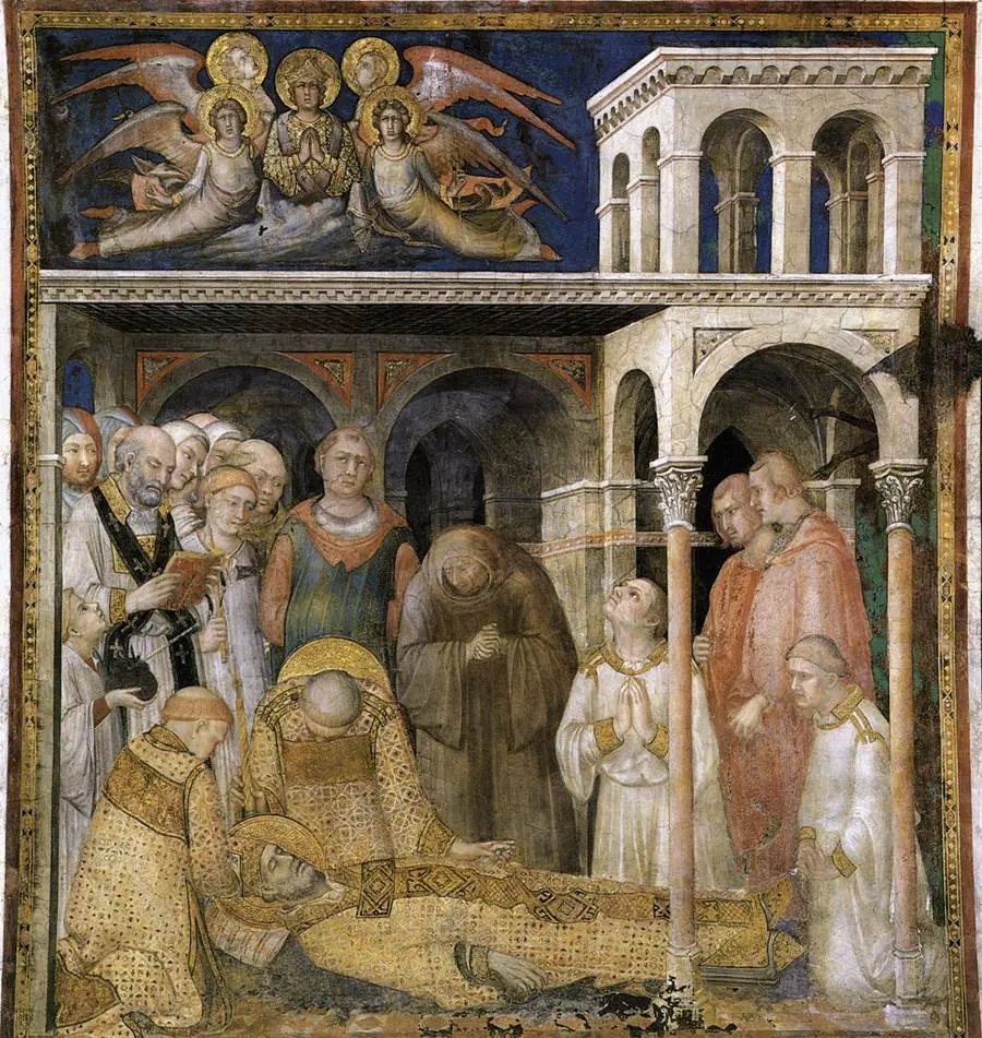 Fresco of a dead bishop laid out on the ground among clergy holding candles and books, with angels carrying his soul upward