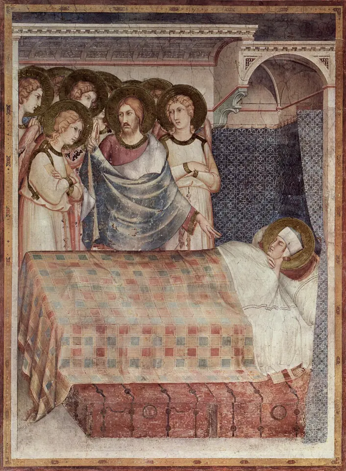 Fresco of Christ, wearing half a cloak, standing among angels beside the bed of a sleeping young man