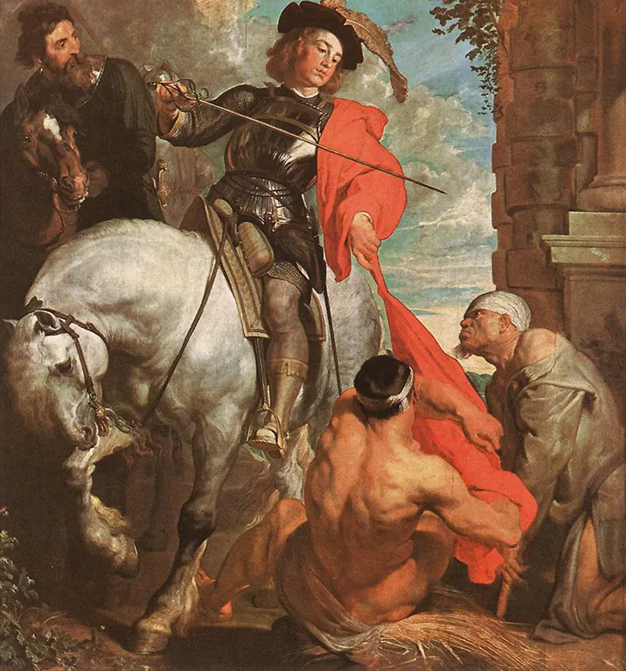 Painting of a young horseman in armor and a red cloak turning in the saddle to cut his cloak for a half-naked beggar at the roadside