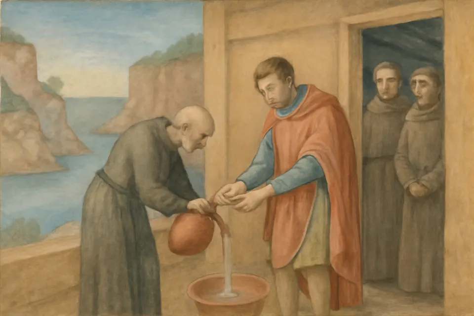 Fresco-style scene of an old bishop pouring water over the hands of a younger visitor in a simple monastery room