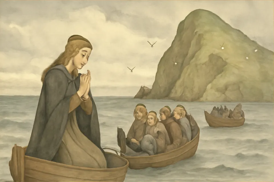 Watercolor-style scene of small wooden boats without oars or sails drifting onto the rocky shore of a green island in a gray northern sea, with a young woman in a cloak praying at the bow