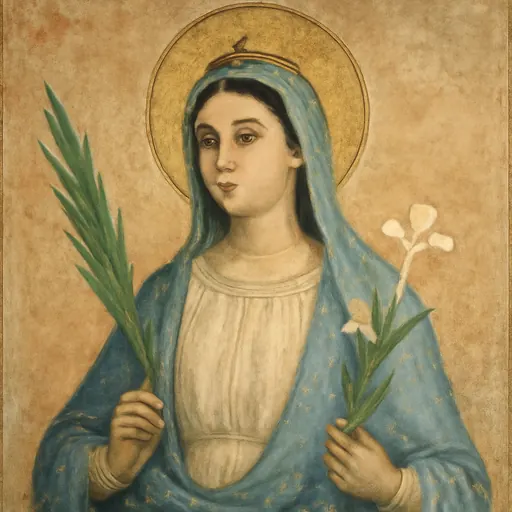 Oil-painting-style portrait of St. Susanna of Rome as a young woman in a white tunic and blue veil, holding a martyr's palm and a lily