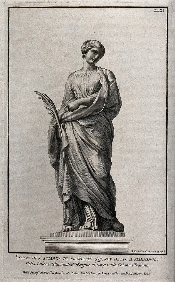 Engraving of Duquesnoy's statue of St. Susanna holding a palm, her robe falling in deep folds, on a plain pedestal