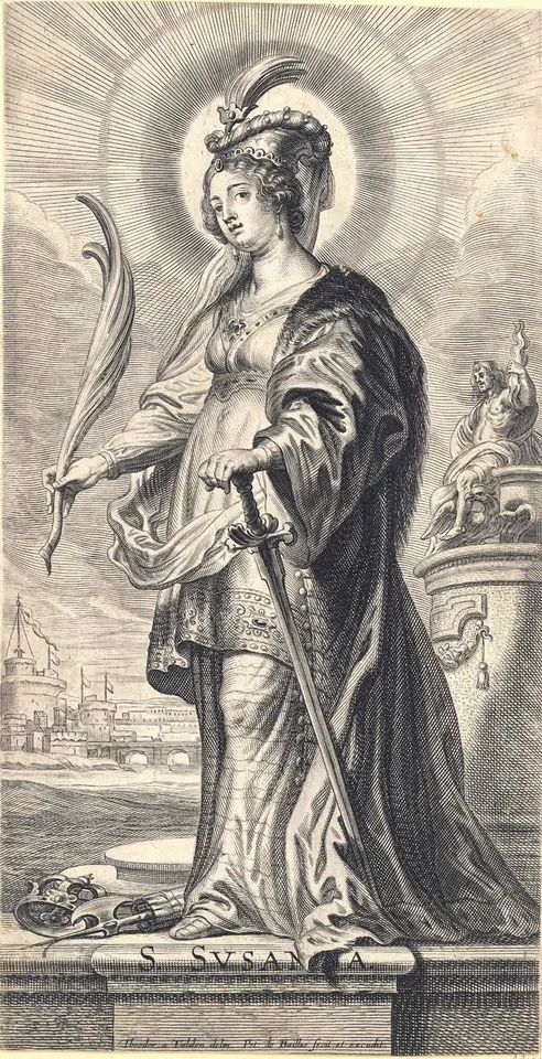 Baroque engraving of St. Susanna in rich robes and a feathered headdress, holding a palm and resting her hand on a sword, with a statue of Jupiter on a pedestal behind her