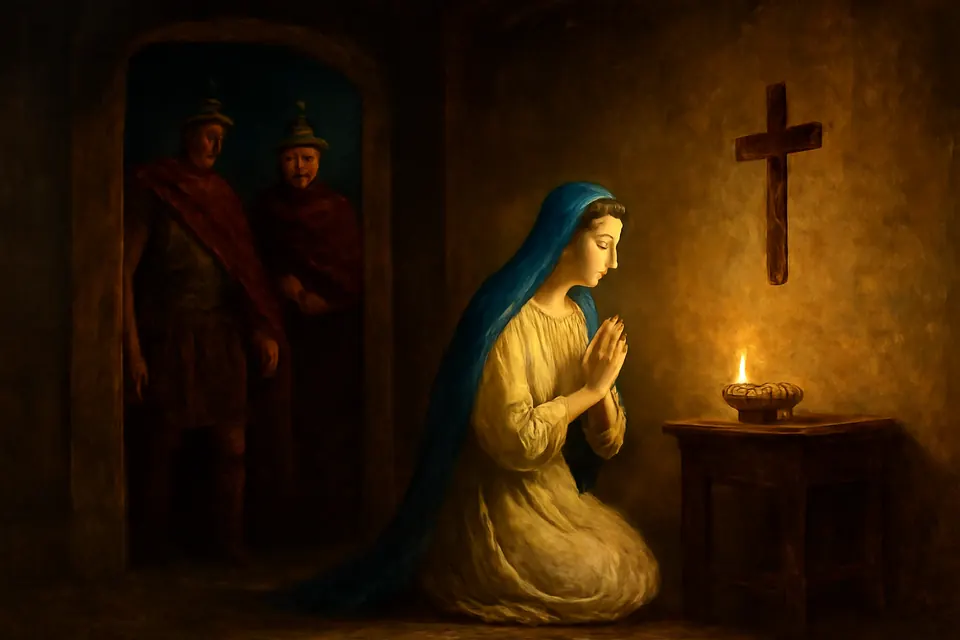 Illustration of St. Susanna kneeling in prayer in her home by lamplight as soldiers appear in the doorway