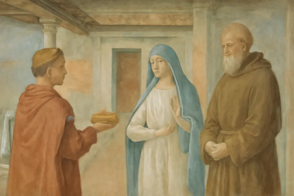 Illustration of the young Susanna refusing a marriage offer brought by an imperial messenger, with her father Gabinus beside her