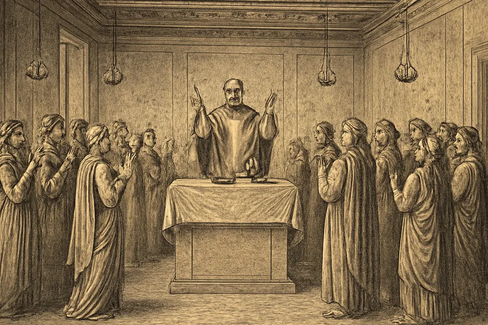 Illustration of early Christians gathered for Mass in a Roman house church, the titulus that later became the church of St. Susanna