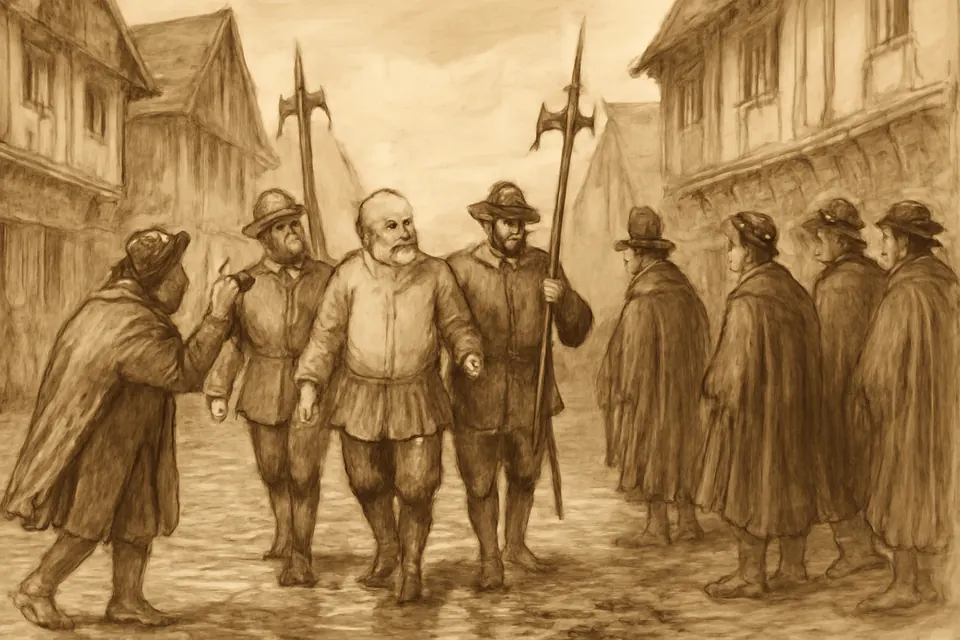 Ink-and-wash scene of an elderly prisoner in a shirt, led through a muddy London street, smiling and calling out to a friend in the crowd
