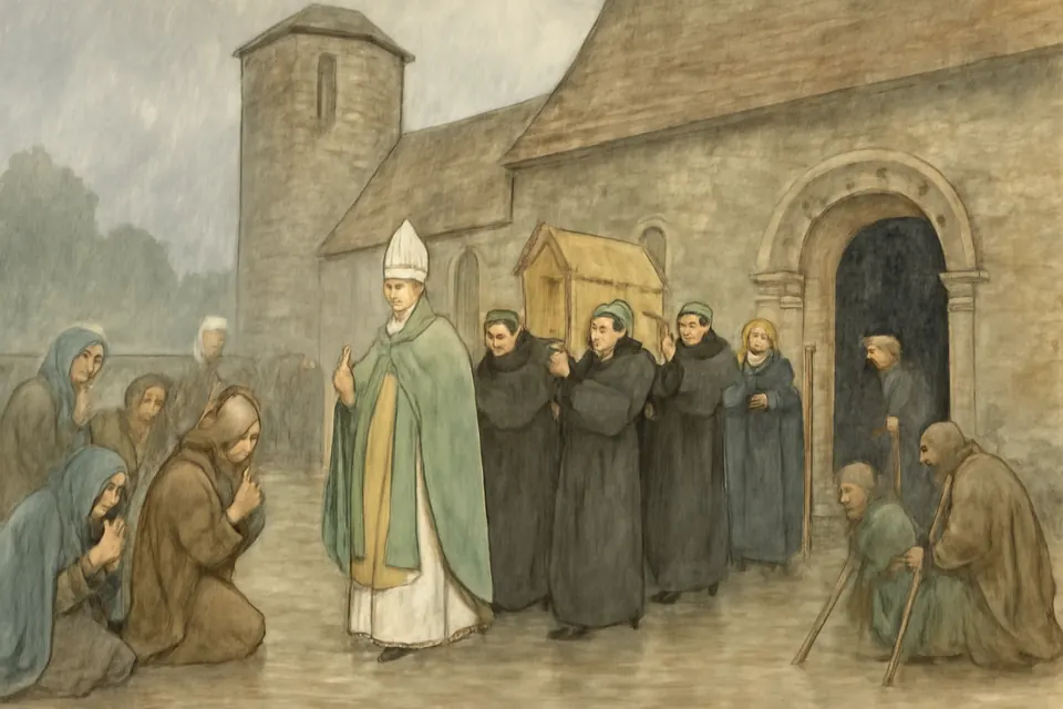 Watercolor-style illustration of monks carrying a reliquary shrine in procession through heavy rain into a great Saxon church, led by a bishop with a crozier