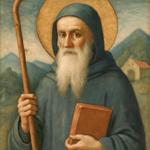 Fresco-style portrait of St. Sylvester Gozzolini, an elderly abbot with a white beard in a blue-gray Benedictine habit holding an abbot's staff and a book