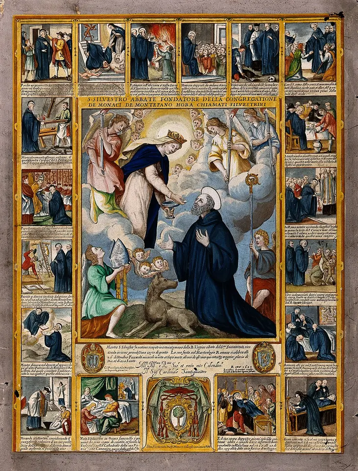 Hand-colored engraving of a kneeling monk in a dark habit before a vision of the crowned Virgin and angels, surrounded by small numbered scenes of his life