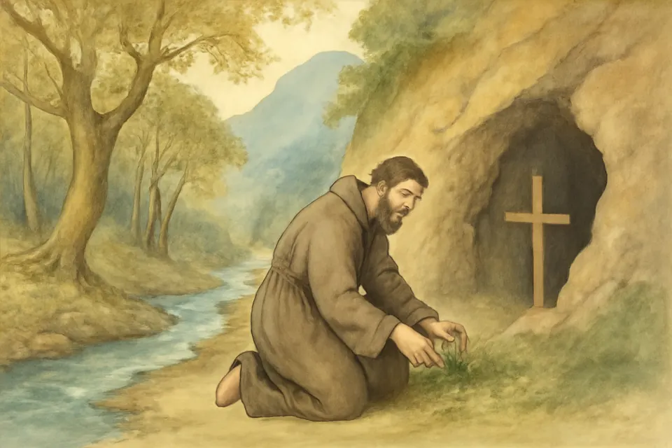 Watercolor-style scene of a hermit in a coarse habit gathering wild herbs at the mouth of a cave in a wooded gorge