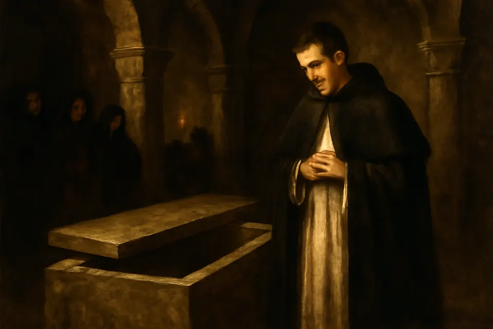 Oil-painting-style scene of a young canon in a black cloak staring into an open stone tomb by candlelight in a church