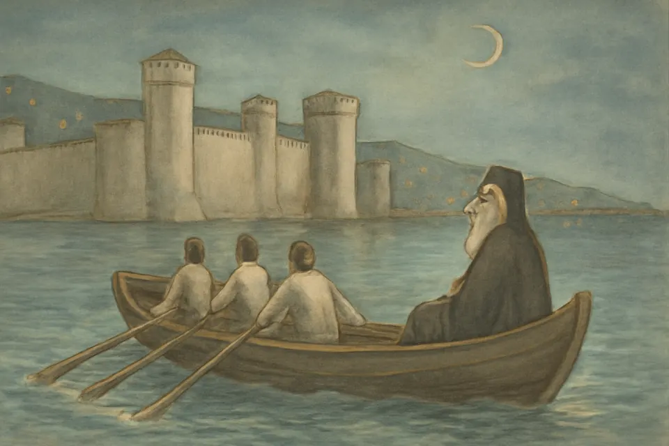 Watercolor-style scene of a small boat slipping away at night from the walls of besieged Thessalonica, an archbishop seated among the oarsmen