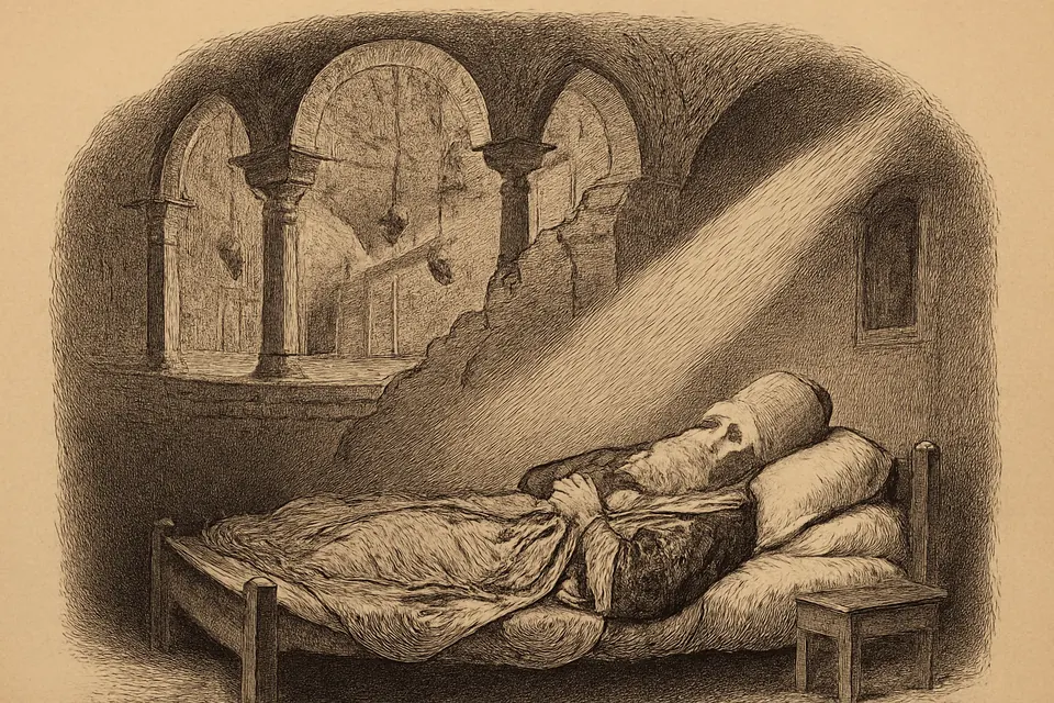 Engraving-style scene of an old archbishop asleep as he dreams of a richly decorated house that is about to fall