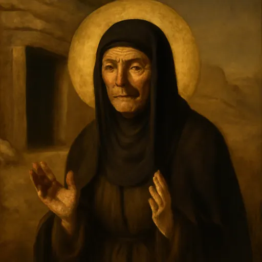 Oil-painting-style portrait of St. Syncletica of Alexandria, an elderly nun in a dark veil and mantle with hands raised in prayer