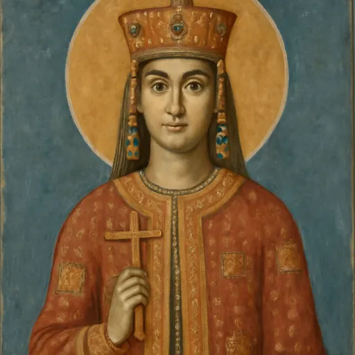 Fresco-style portrait of St. Tamar of Georgia, a young queen in a tall jeweled crown and embroidered royal robes holding a small cross