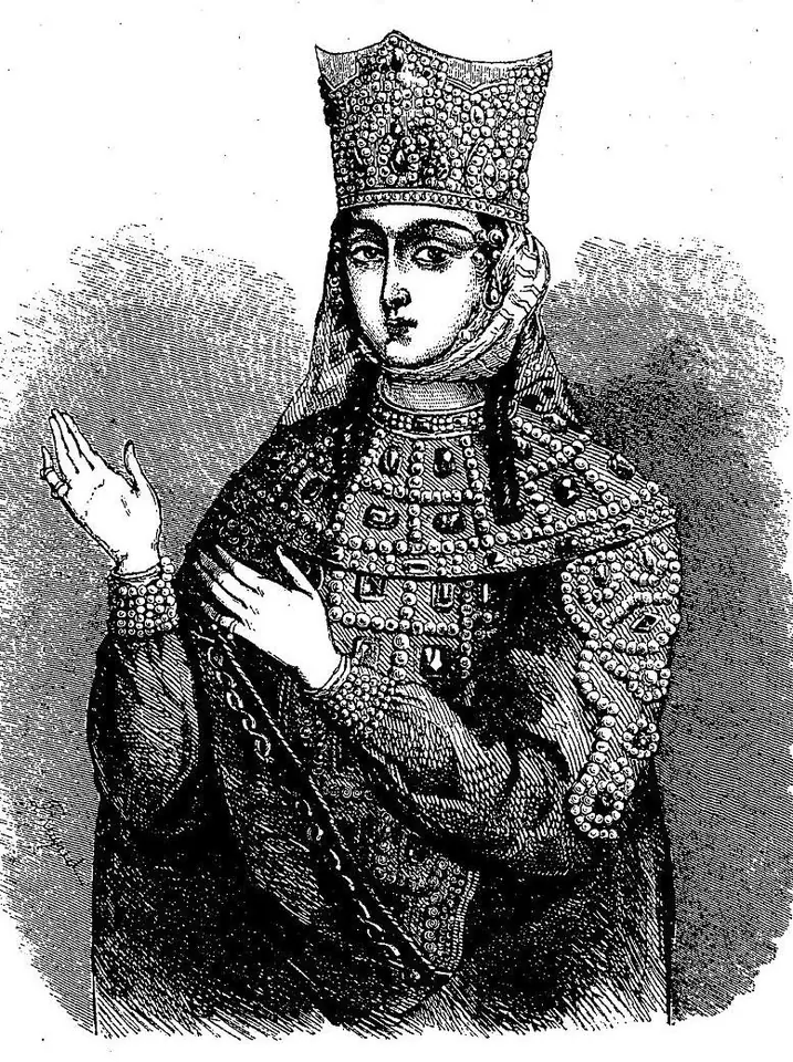 Black-and-white engraving of a queen in a tall jeweled crown and pearl-covered robes, raising her right hand