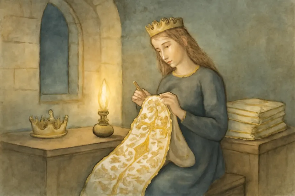 Watercolor-style scene of a queen sewing a priest's vestment by lamplight, with folded vestments stacked beside her