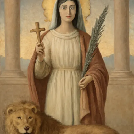 Fresco-style portrait of St. Tatiana of Rome as a young woman in a red cloak over a pale gown, holding a cross and a martyr's palm, with a calm lion at her feet