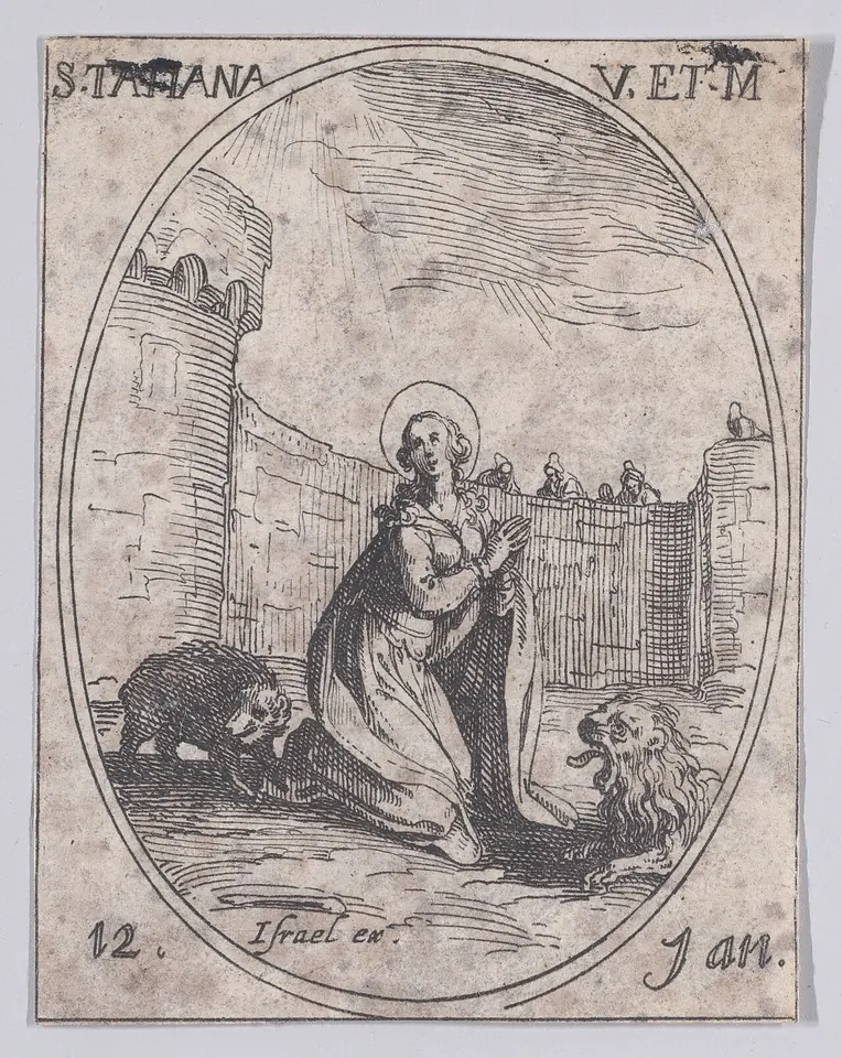 Etching in an oval frame of a young woman kneeling in prayer while two lions lie quietly beside her outside a city gate