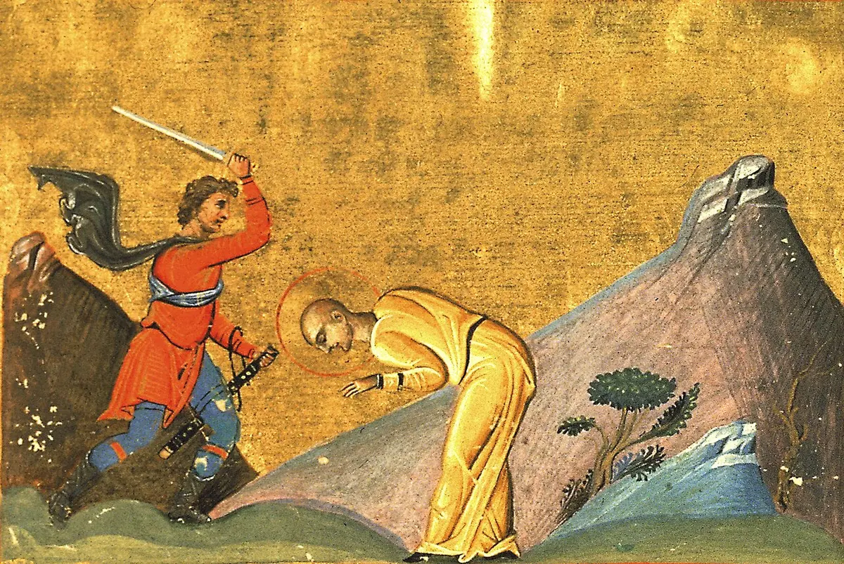 Byzantine miniature on gold of a kneeling young woman with a halo, bowing her head among rocky hills, as a soldier in red raises a sword