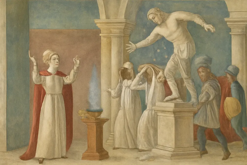Fresco-style scene of a young woman praying with arms raised in a Roman temple as a marble statue of Apollo cracks and falls from its pedestal