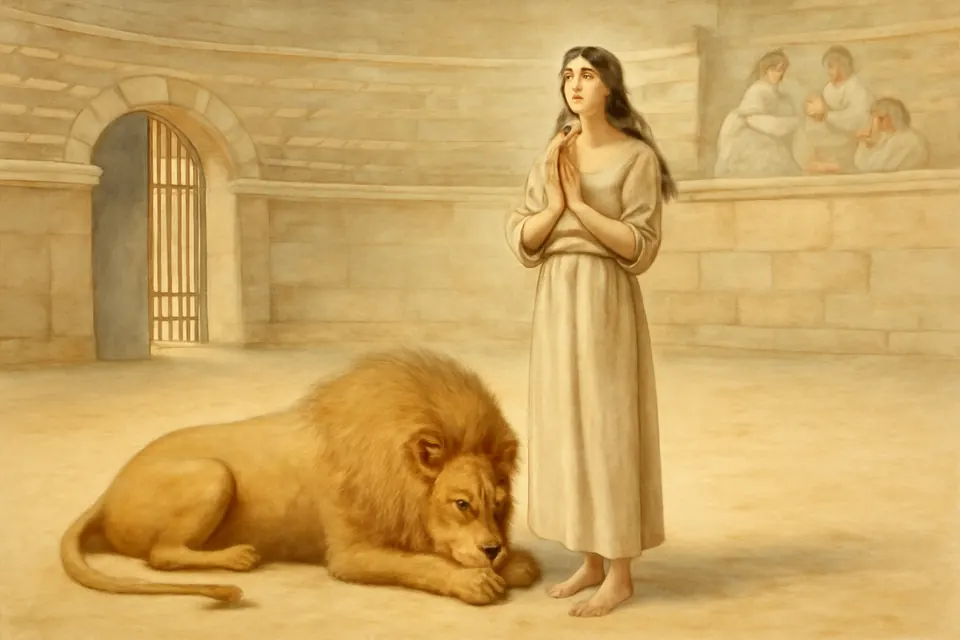 Watercolor-style scene of a young woman in a pale tunic standing calmly in a Roman arena while a lion lies down at her feet