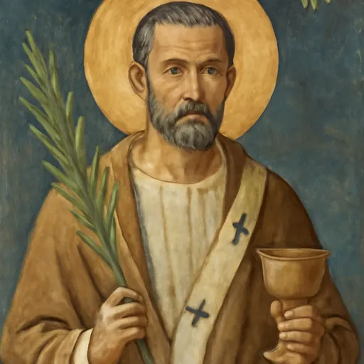 Fresco-style portrait of Pope St. Telesphorus as a dark-bearded Greek bishop of Rome in a white tunic and pallium, holding a martyr's palm