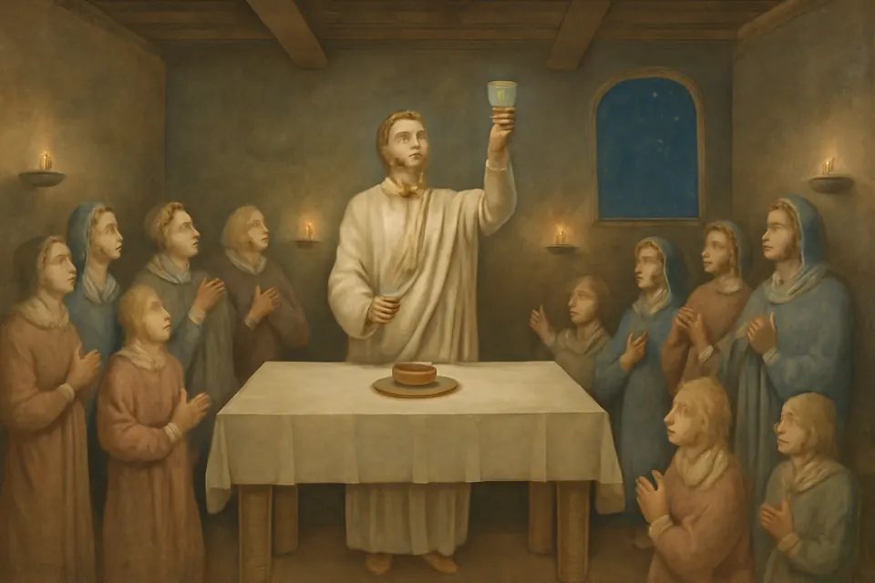 Fresco-style scene of early Christians gathered by lamplight in a Roman house at night as a bishop raises a cup at a simple table altar