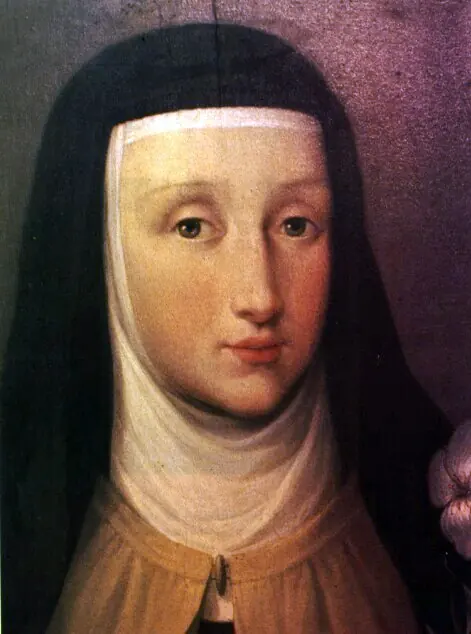 Painted portrait of a young nun with a pale, gentle face and large brown eyes, in a white wimple and black veil over a brown habit