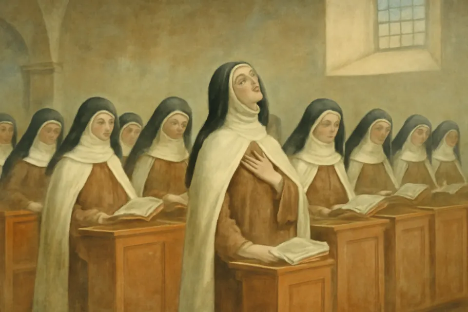 Fresco-style scene of a young Carmelite nun in choir, lifting her eyes in wonder as the words of St. John are read during the Divine Office