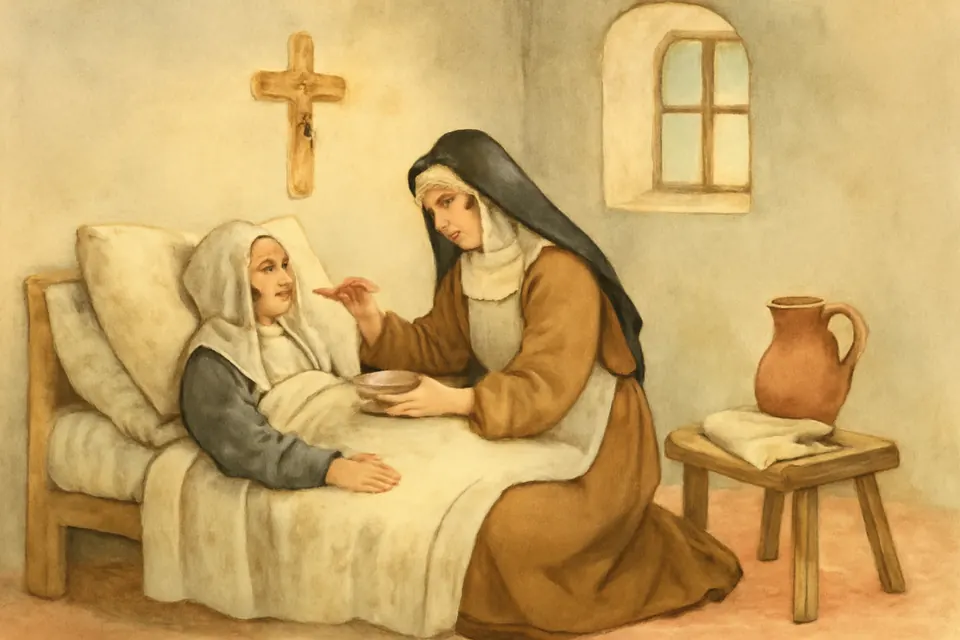 Watercolor-style scene of the young Carmelite Teresa Margaret tenderly caring for an elderly sick nun in the convent infirmary