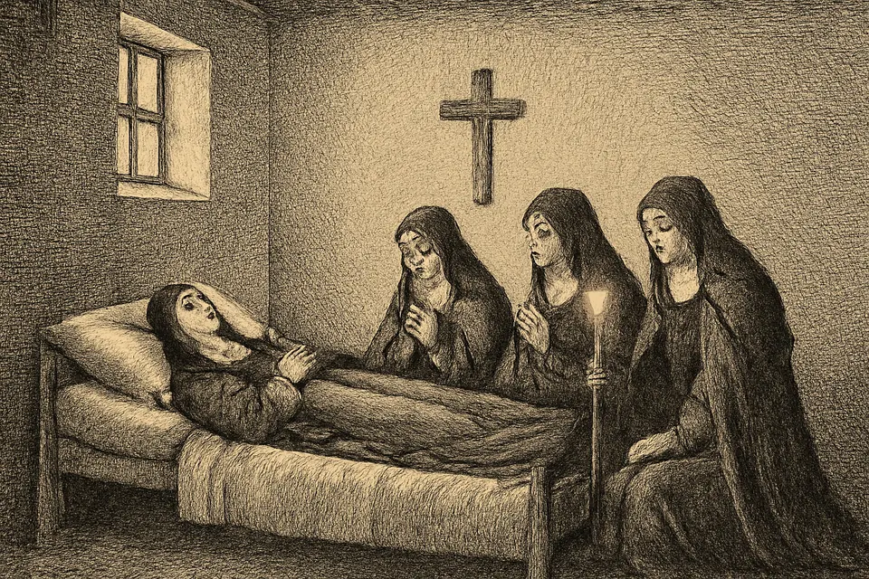 Illustration of Carmelite nuns kneeling around the bed of a young sister in a plain convent cell, one holding a lit candle