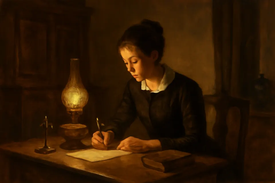 Illustration of a young Chilean woman in a dark dress writing a letter at a desk by lamplight, a crucifix and a small book beside her