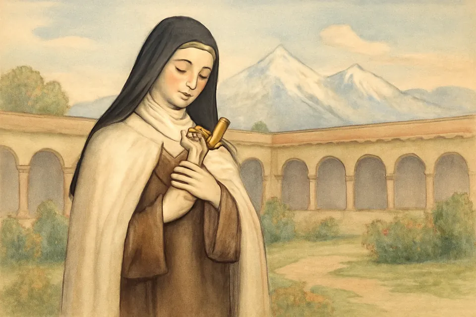 Ilustración en estilo acuarela de una joven carmelita de hábito café y capa blanca con un crucifijo en las manos, con los Andes al fondo