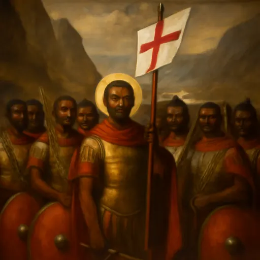 Oil-painting-style group portrait of the Theban Legion, Roman soldiers of African and Mediterranean features in bronze armor and red cloaks, holding palms and a banner with a cross before Alpine cliffs