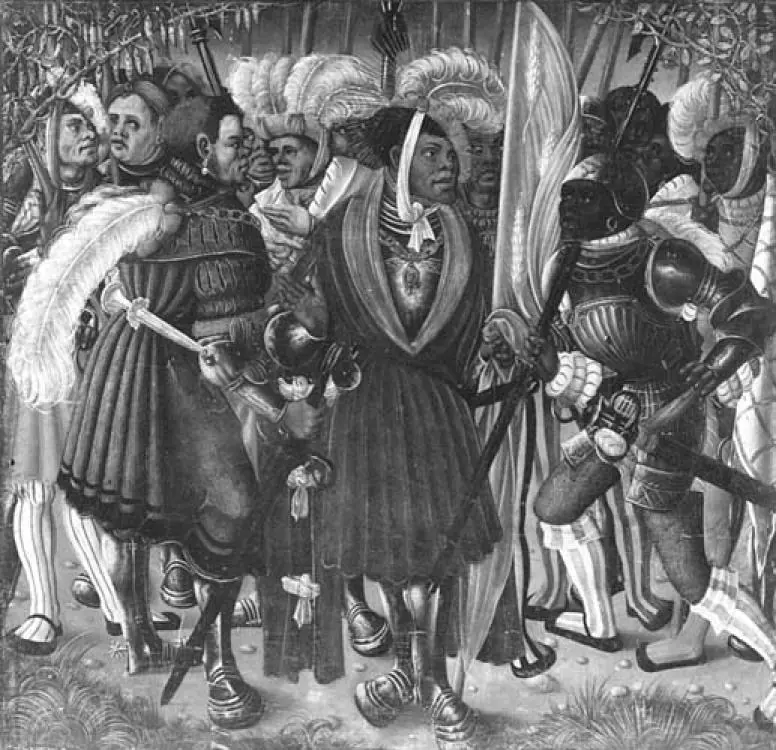 Black-and-white photograph of a Renaissance painting crowded with soldiers in plumed hats and armor around a Black commander in a rich doublet holding a sword