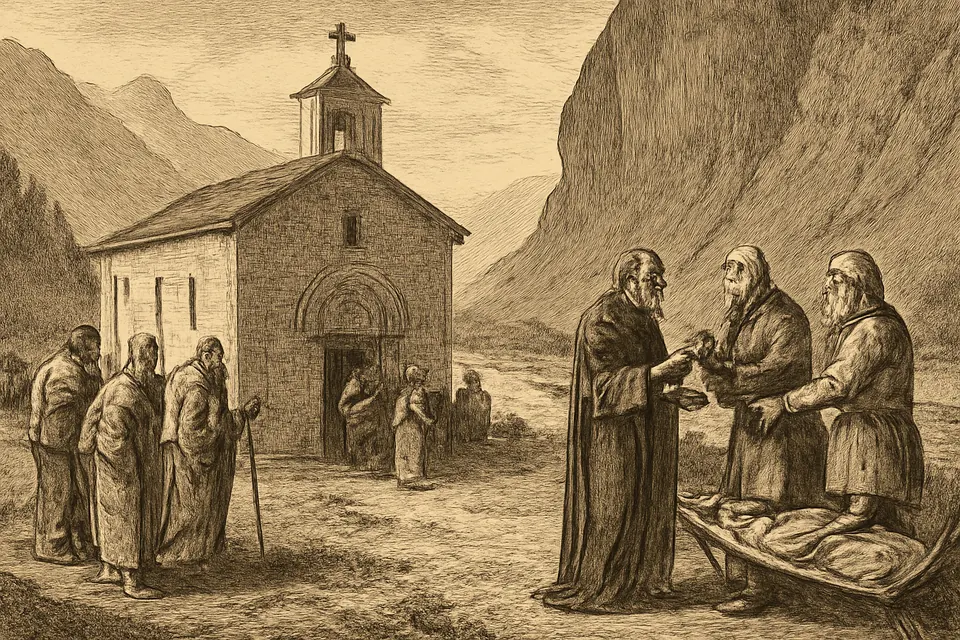 Engraving-style illustration of a bishop questioning old men and pilgrims outside a small basilica built against a cliff in an Alpine valley
