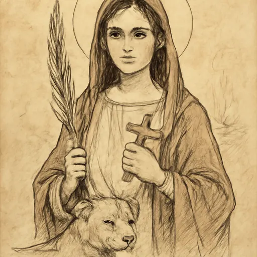 Fresco-style portrait of St. Thecla as a young woman in a plain red mantle holding a martyr's palm and a small cross, with a calm lioness lying at her feet