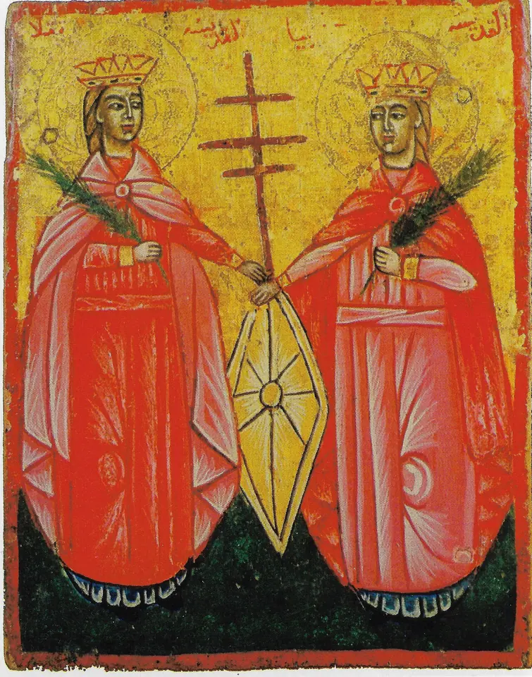 Arab Christian icon of two crowned women saints in red robes holding palms and standing on either side of a tall cross