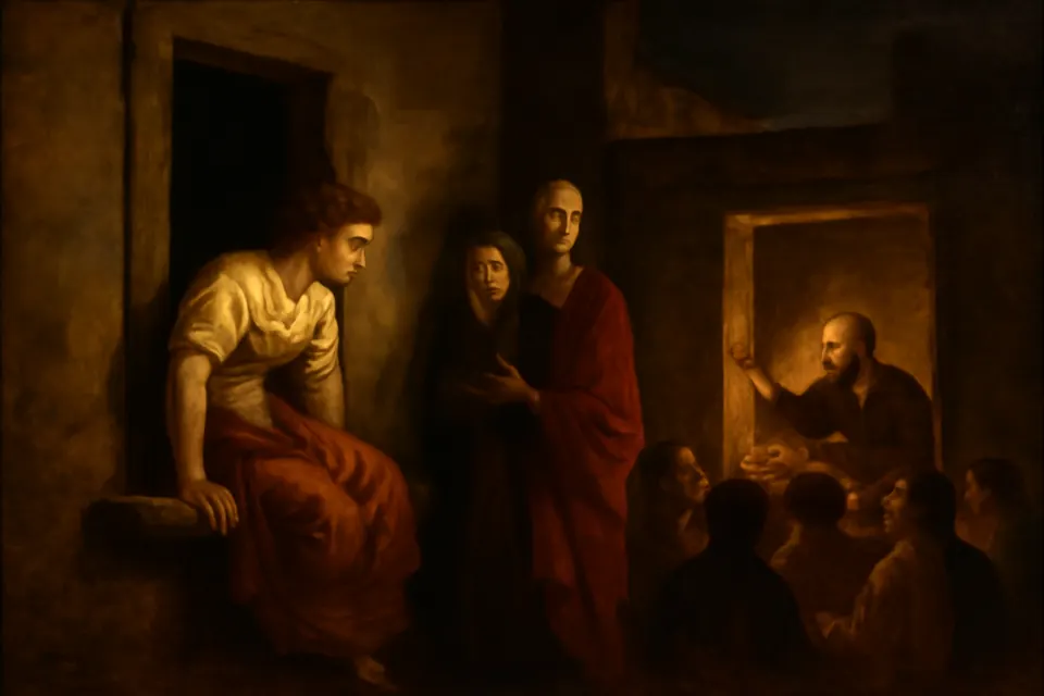 Illustration of a young woman sitting at an upstairs window, listening intently to a small bald preacher speaking in the house next door