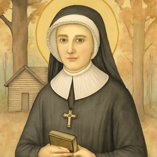 Watercolor-style illustration of Mother Théodore Guérin in a black habit and white bonnet, standing at the edge of an Indiana forest